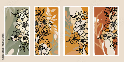 Four botanical art panels featuring stylized floral and foliage designs