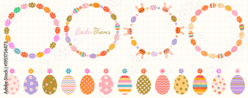 Cute Easter vector eggs and bunny frames with flowers, round borders in pastel colors, spring wreaths for greeting cards and Easter package design