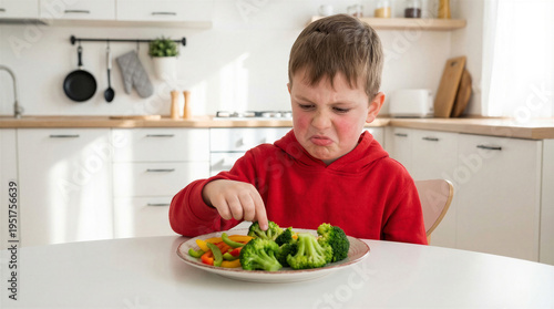 Wallpaper Mural Young boy in red hoodie refusing to eat broccoli and vegetables on a plate, showing disgust and dislike for food Torontodigital.ca