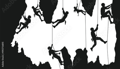 Black silhouette of seven rock climbers ascending and rappelling rugged cliff, outdoor adventure teamwork illustration for sport, exploration art