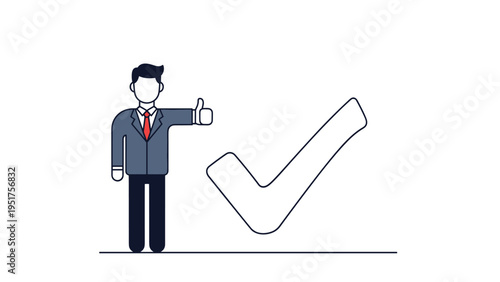 Confident businessman giving a thumbs up gesture next to a large checkmark icon representing success and approval.