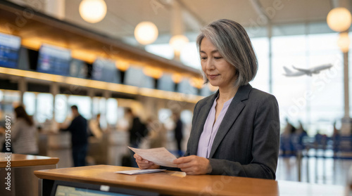 Asian businesswoman checking travel documents at airport checkin counter before flight Free Download Asian businesswoman checking travel documents at airport checkin counter before flight - GFXLoad