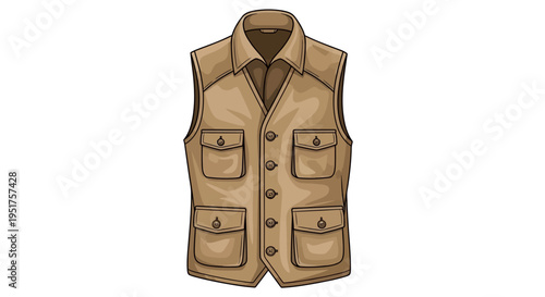 Illustration of a tan sleeveless button-up vest with multiple pockets on a white background.