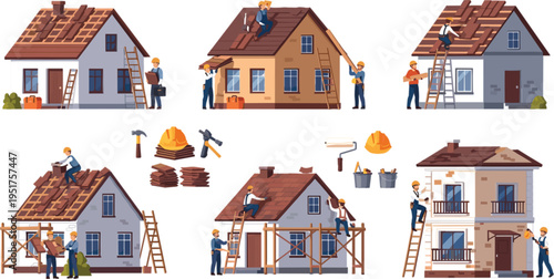 House Roof Repair and Renovation Set with Builders Working on Residential Homes Exterior Maintenance Construction Vector Illustration Collection
