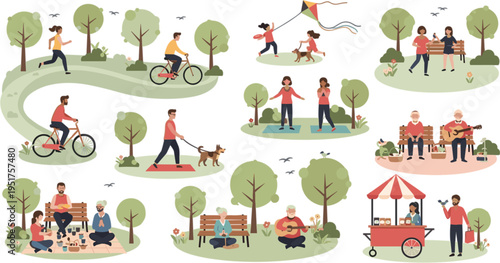 People Enjoying Leisure Activities in Public Park Set with Walking Cycling Picnic Yoga Music and Outdoor Relaxation Scenes Vector Illustration