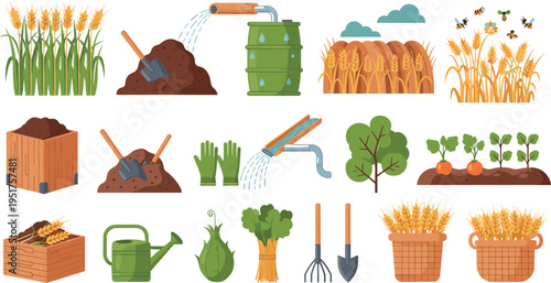 Agriculture farming tools crops wheat harvest irrigation compost and gardening elements cartoon vector illustration set