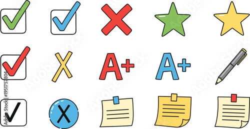 A Set of Fun and Colorful Icons with Check Marks, Xs, Stars, and Notes for Education, Reviews, and Feedback