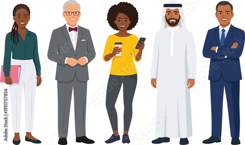 Diverse professional business group including African American women, senior executive, Middle Eastern man, and smiling corporate team members, vector illustration