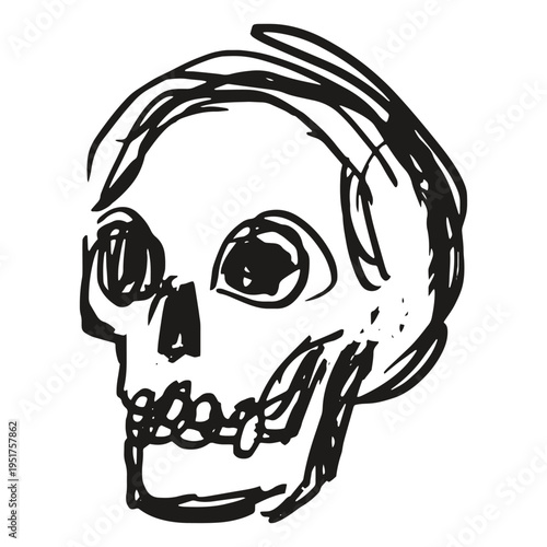 Chalk scribble doodle skull element for poster, social media. Hand drawn punk rock doodle. Rough emotional charcoal ball pen sketch grunge death symbol. Chaotic freehand skeleton head pencil drawing.