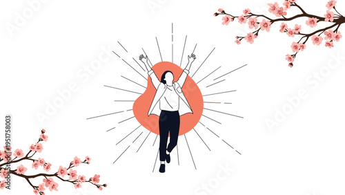 Joyful person jumping with arms raised high amid blooming cherry blossom branches in a celebration of spring, freedom, and happiness.