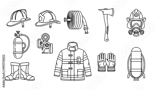 A collection of firefighting equipment and gear illustrated in a minimalist line art style including helmets oxygen tanks and a uniform