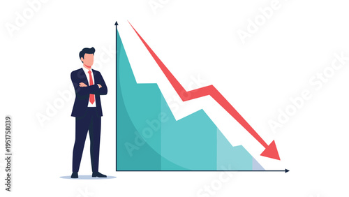 Serious businessman standing with crossed arms next to a sharply declining line graph indicating financial loss and economic crisis.