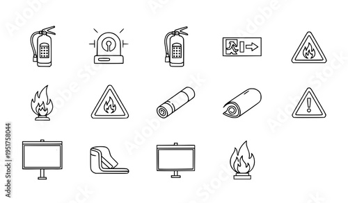 A set of minimalist line art icons depicting various safety and warning symbols including fire extinguishers and flammable materials