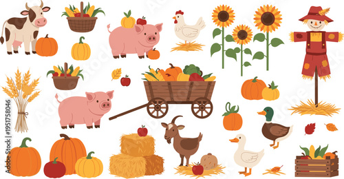 Autumn farm harvest elements with pumpkins animals scarecrow vegetables and hay countryside cartoon vector illustration set