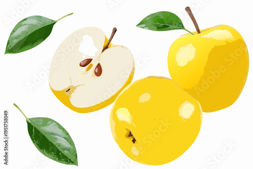A vibrant illustration of whole and sliced yellow apples with leaves