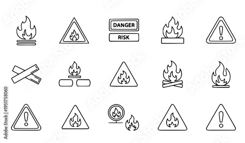 A set of black line art vector graphic icons depicting various fire warning signs and symbols on a white background
