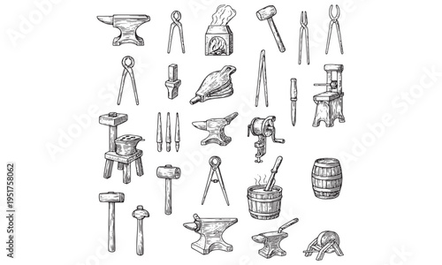 Blacksmith Tools Collection Grid Illustration Anvil Hammer Tongs Forge