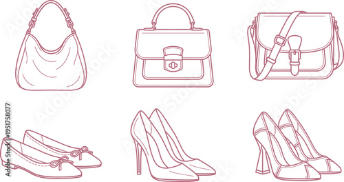 Women fashion accessories set line art including handbags high heels and shoes elegant female style collection for boutique retail design illustration