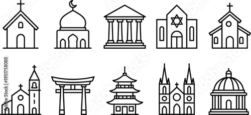 World religion architecture icons set line style including church mosque temple synagogue pagoda cathedral shrine and classical buildings isolated vector illustration