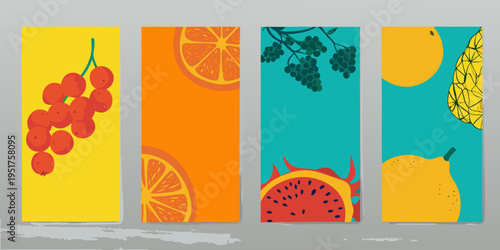 Four vibrant vertical panels displaying colorful fruit illustrations