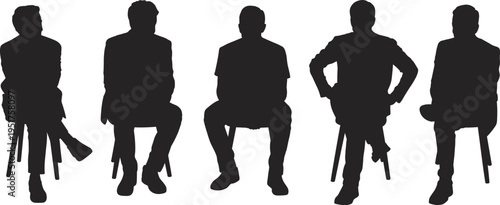 "Silhouette business professionals seated on stools, diverse postures, formal attire, teamwork concept, corporate panel discussion illustration"
