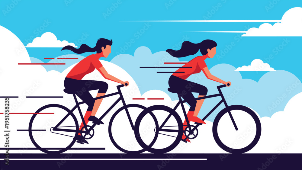 Fototapeta premium Two female cyclists riding their bikes at high speed against a scenic blue sky with white clouds in an active outdoor lifestyle scene.