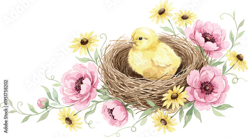 Watercolor baby chick sitting in bird nest surrounded by pink wildflowers and yellow daisies delicate spring nature illustration isolated botanical garden