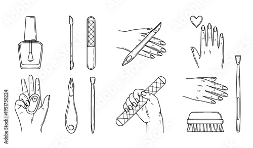 A collection of black and white line art illustrations depicting various nail care tools and hands with manicured nails and a heart symbolizing love for beauty and grooming