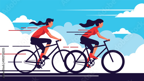 Two female cyclists riding their bikes at high speed against a scenic blue sky with white clouds in an active outdoor lifestyle scene.