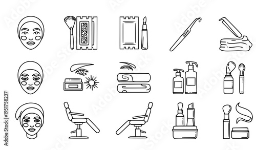A set of black line art vector icons depicting various spa and beauty treatments on a white background