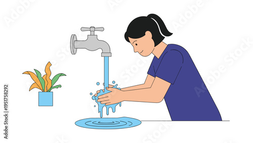 Young woman carefully washing her hands under a running water faucet for hygiene, health protection, and daily morning routine.