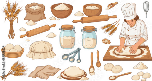 Baker preparing dough with flour wheat baking tools bread ingredients and pastry process hand drawn vector illustration set