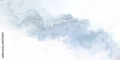 An abstract watercolor winter mountain landscape blends frozen snow textures and fluffy white clouds into a blue liquid sky with light mountain waves.