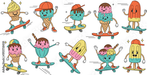 A Set of Fun and Colorful Ice Cream and Popsicle Characters Skating on Skateboards, Perfect for Kids and Summer Illustrations