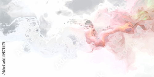 An abstract watercolor background features a hand painted with blue and pink textures, blending light clouds and smoke patterns into a nature-inspired art.