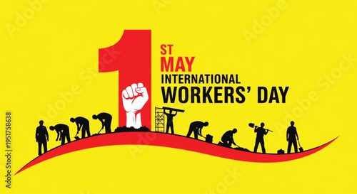  International workers day 1st may celebration poster with silhouettes of laborers and raised fist symbol on vibrant yellow background.