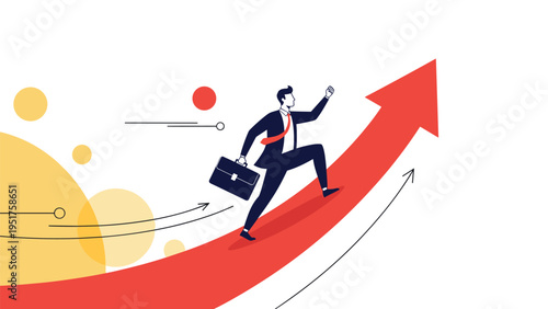Ambitious businessman carrying a briefcase running up a large red rising arrow symbolizing fast career growth and success.