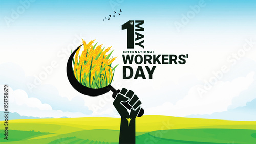 A vibrant International Workers Day poster featuring a raised fist holding a sickle with wheat, set against a scenic landscape, symbolizing labor unity.