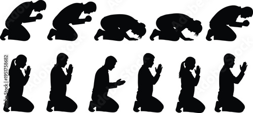 People praying silhouettes collection, kneeling men and women worship poses, spiritual devotion gesture set, religion faith illustration isolated on white background