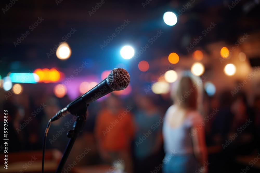 Obraz premium Microphone on stage with blurred crowd in background at a live music event