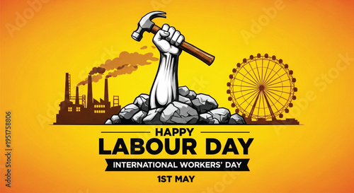 A vibrant Labour Day illustration featuring a raised fist holding a hammer, an industrial factory, and a ferris wheel against a bold orange background.