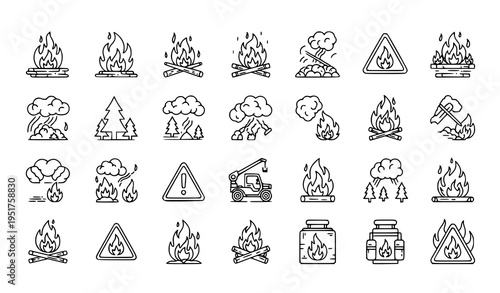 A collection of vector graphic icons depicting fire, flames, and warning signs for forest fires and wildfires in a minimalist line art style on a transparent background