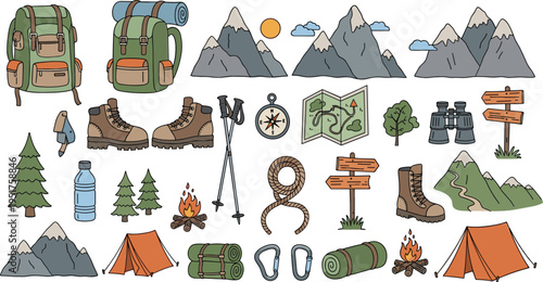 Camping and hiking adventure elements with backpack tent mountains compass and gear cartoon vector illustration set