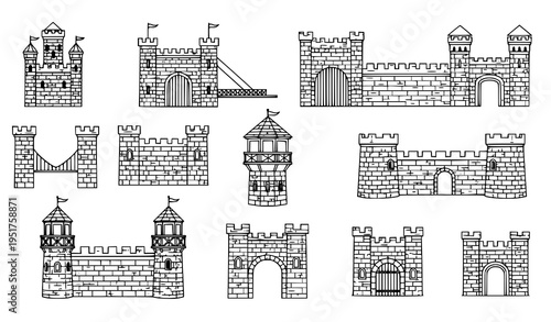 A collection of medieval castle wall and tower illustrations in a flat line art style on a white background