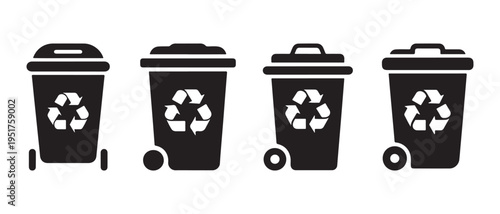 Set of four black recycling bins with white recycling symbols, showing variations in lid and wheel design on a white background.