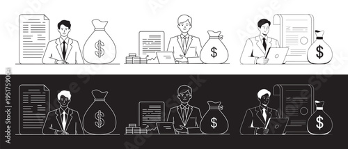 Businessmen with Money Bags and Financial Documents in a Triptych Layout.