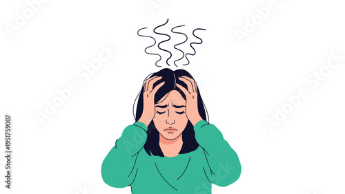 Overwhelmed woman holding her head with wavy lines above signifying intense stress, mental fatigue, or deep emotional struggle.