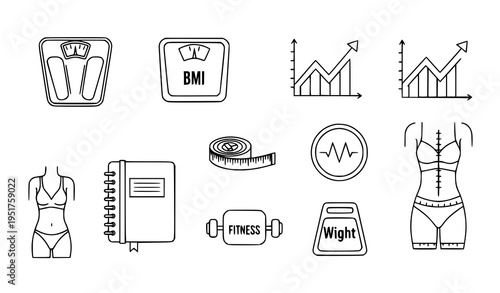 A collection of black line art icons and illustrations related to fitness and weight management including a scale and measuring tape