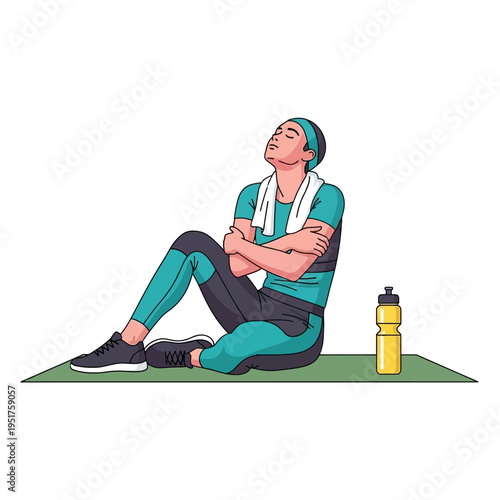 Fit person resting on yoga mat after workout, exhausted but satisfied