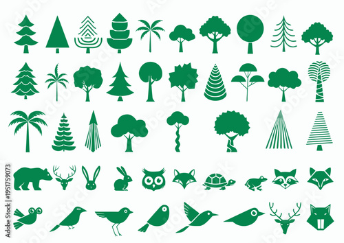 Icon set of various green trees and forest animals. vector icon